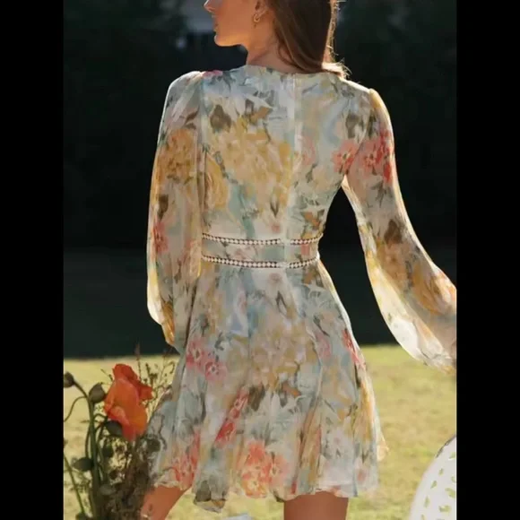 Floral V-Neck Dress with Long Sleeves - Picture 3 of 4